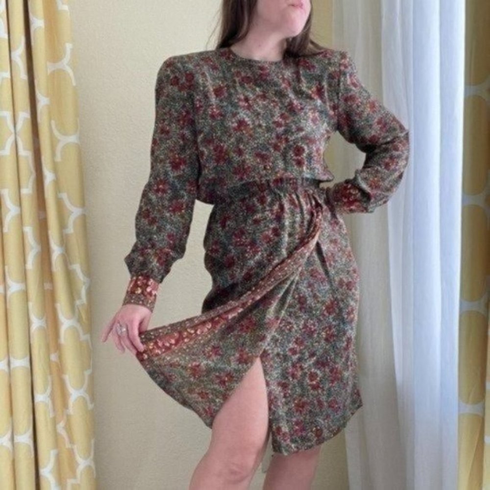 Gorgeous Vintage Liz Claiborne 100% Silk Floral Long Sleeve Midi Dress | Size 4 - Picture 11 of 11
